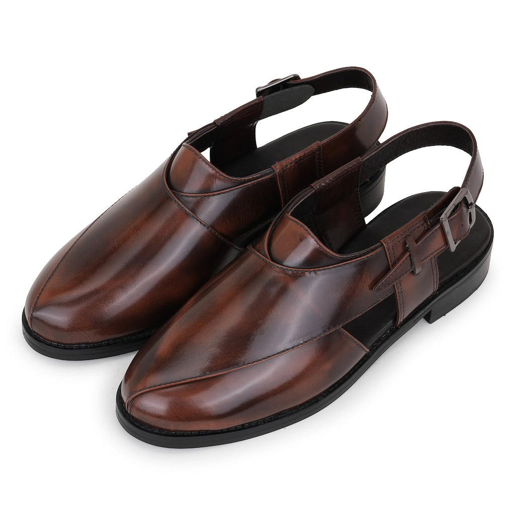LEATHER SOLE PESHAWARI BELT SANDALS - TAN BRUSH-OFF