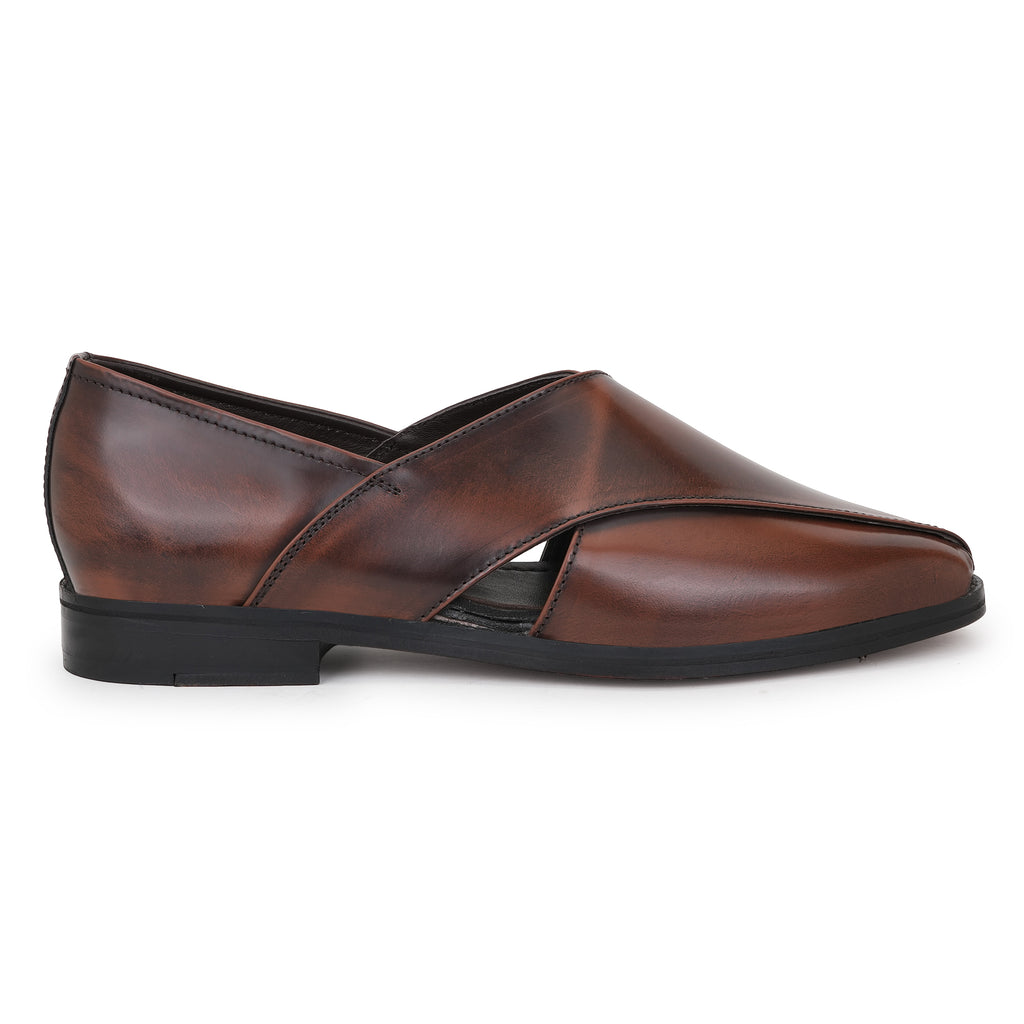 LEATHER SOLE PESHAWRI AEDHA BANDH SANDALS - TAN BRUSH-OFF