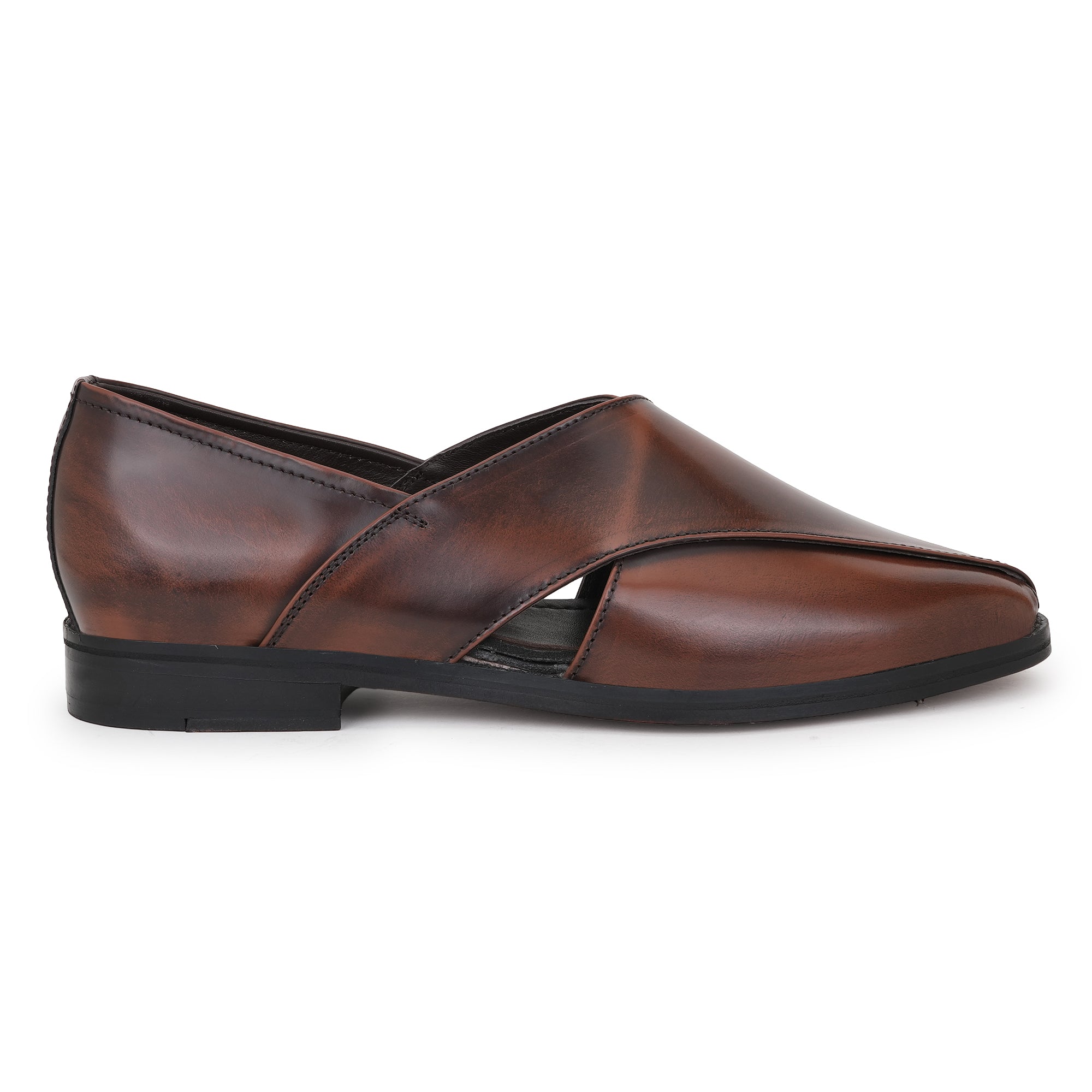 LEATHER SOLE PESHAWRI AEDHA BANDH SANDALS - TAN BRUSH-OFF