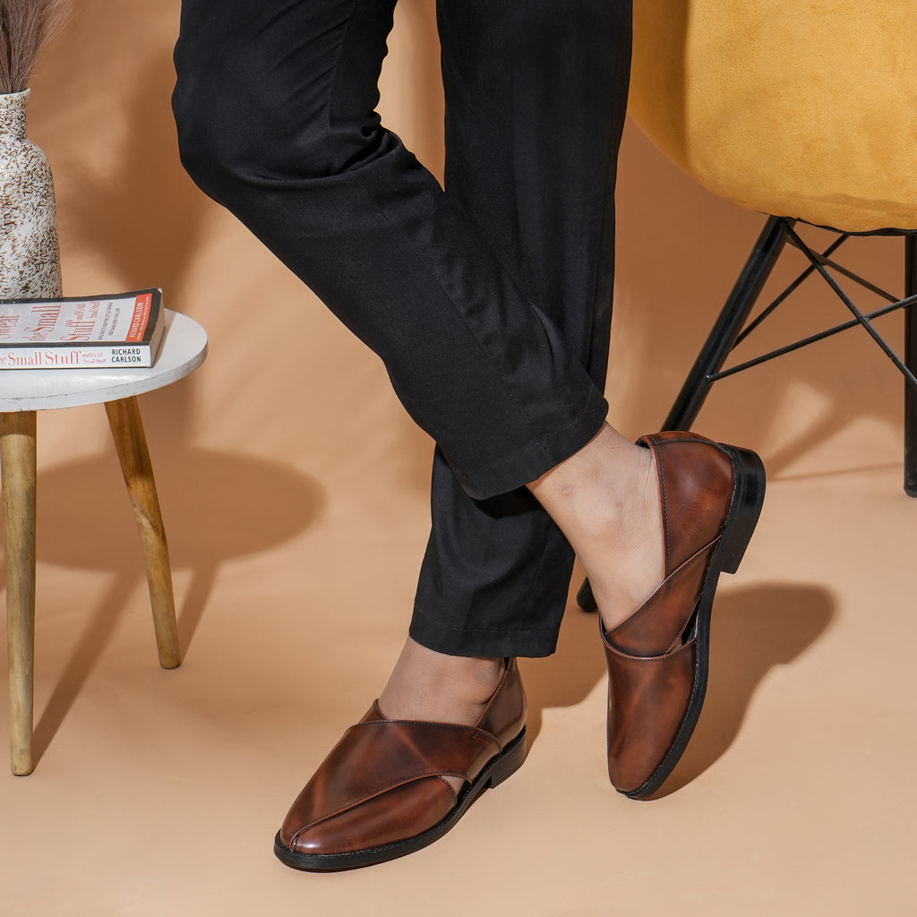 LEATHER SOLE PESHAWRI AEDHA BANDH SANDALS - TAN BRUSH-OFF