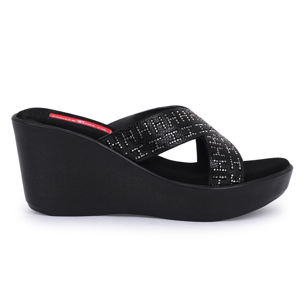 GLAM CROSS WEDGE SLIPPERS - BLACK