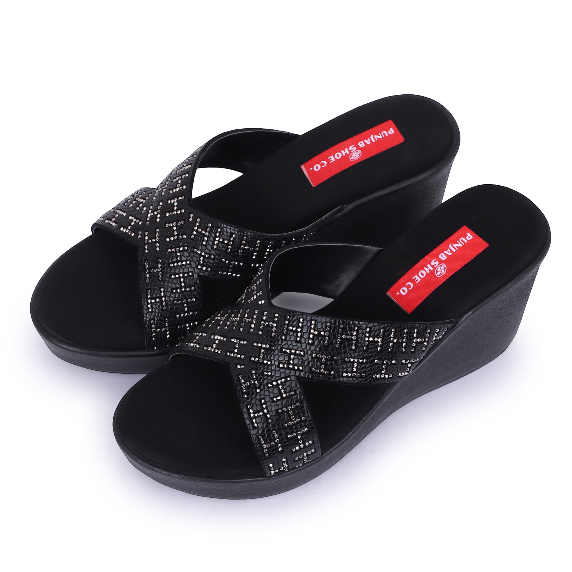 GLAM CROSS WEDGE SLIPPERS - BLACK