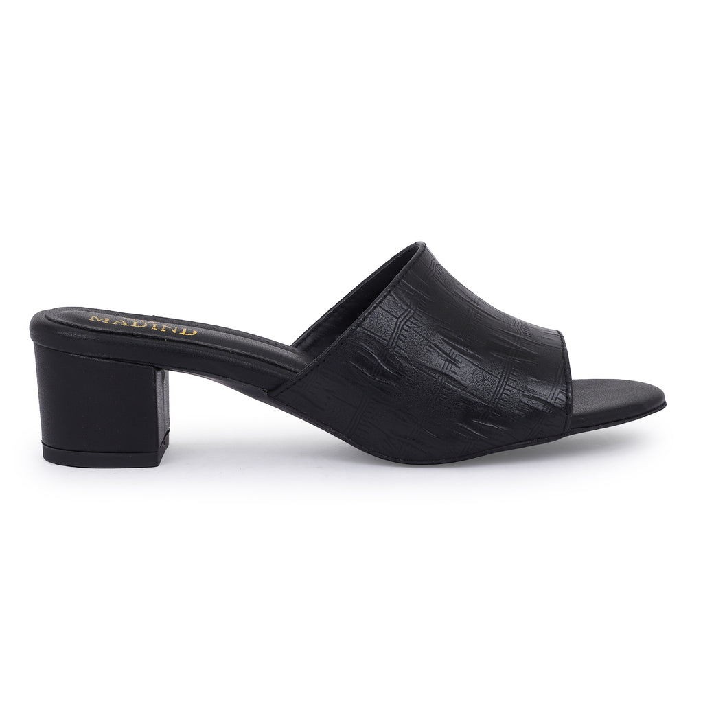 TEXTURED BLOCK HEEL SLIDES - BLACK