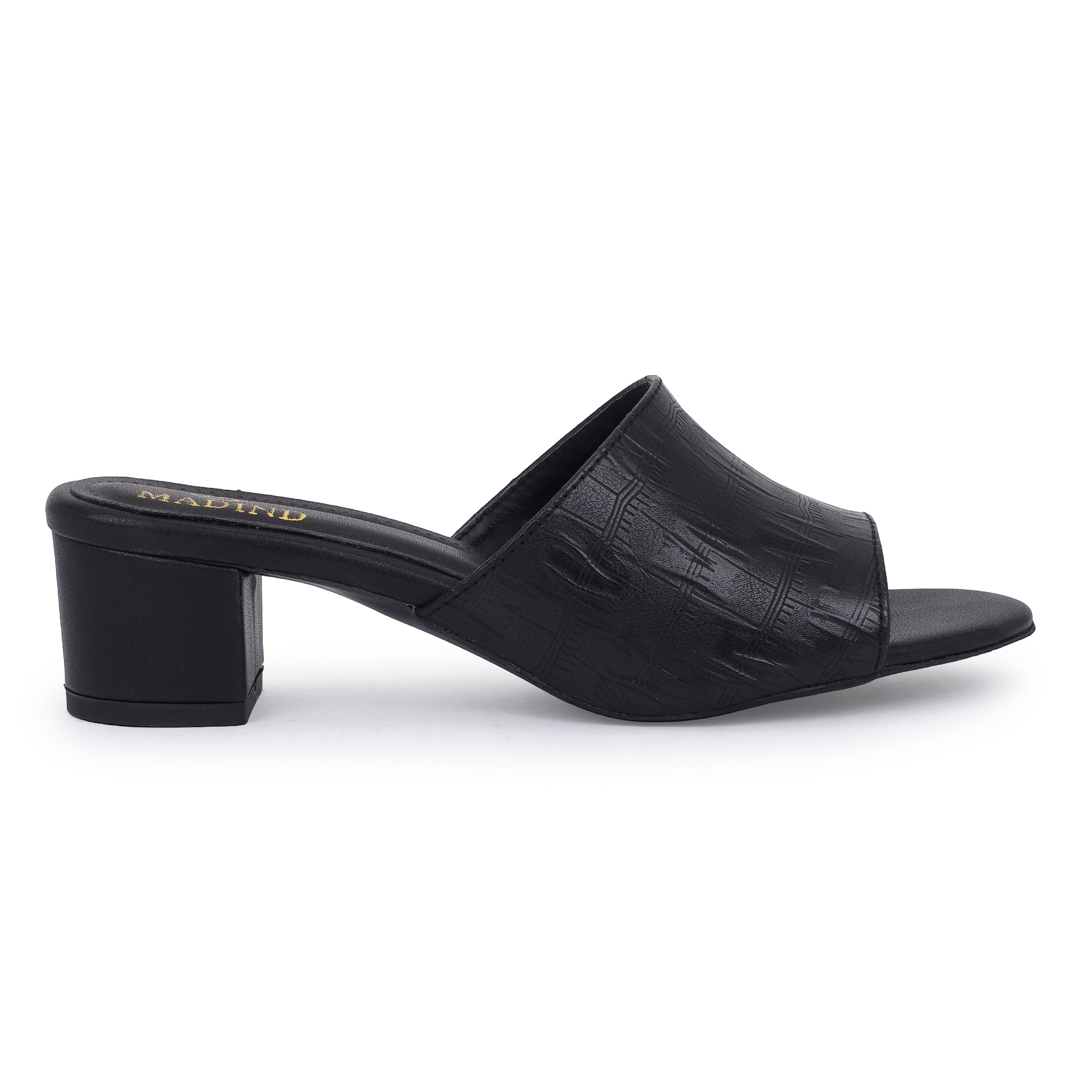 TEXTURED BLOCK HEEL SLIDES - BLACK