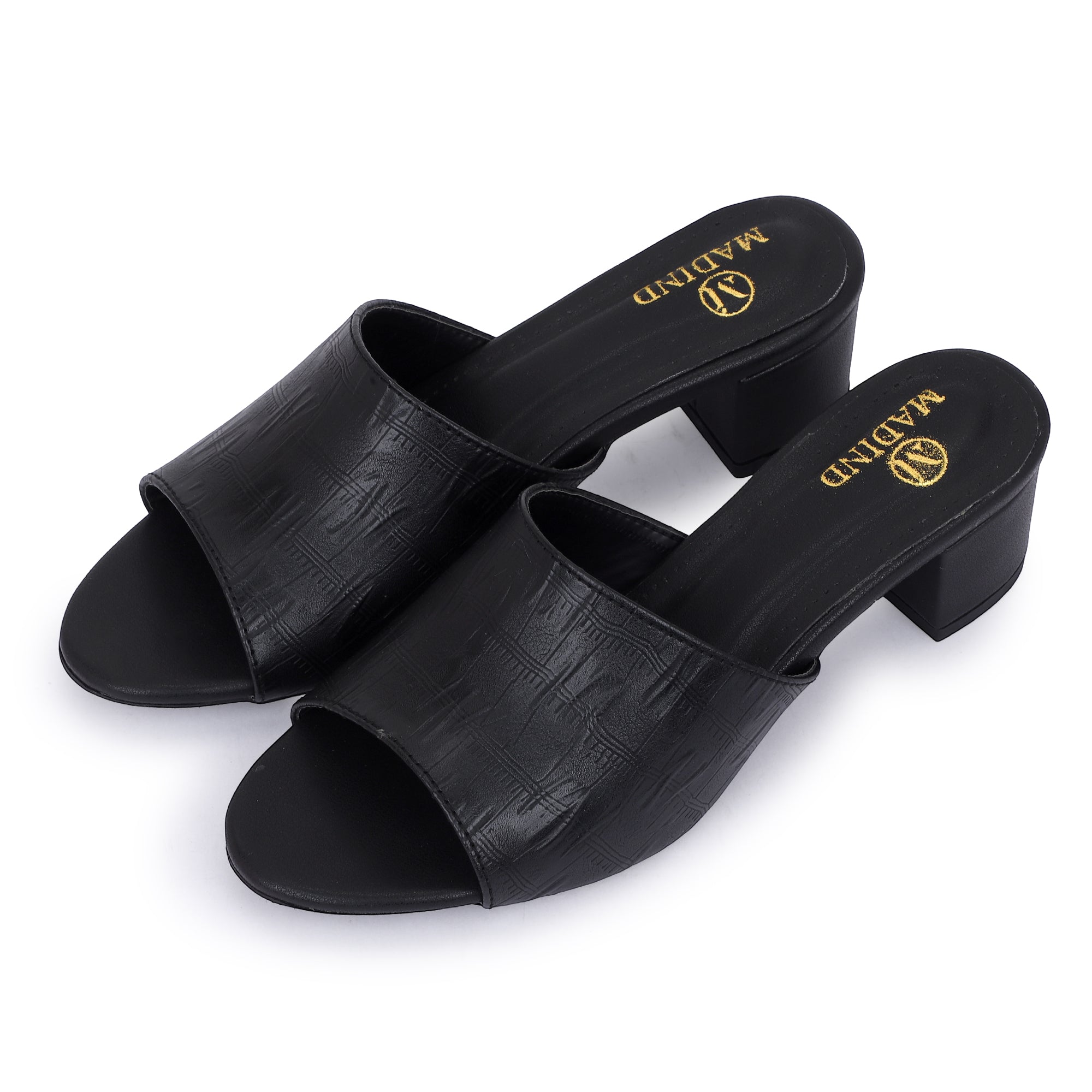 TEXTURED BLOCK HEEL SLIDES - BLACK