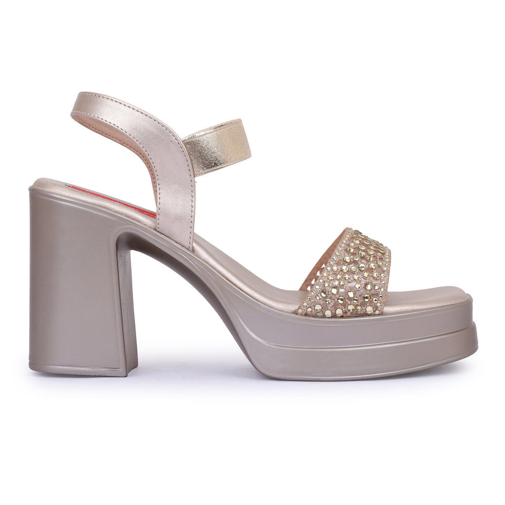 SHIMMER BLOCK PLATFORM HEELS - GOLD