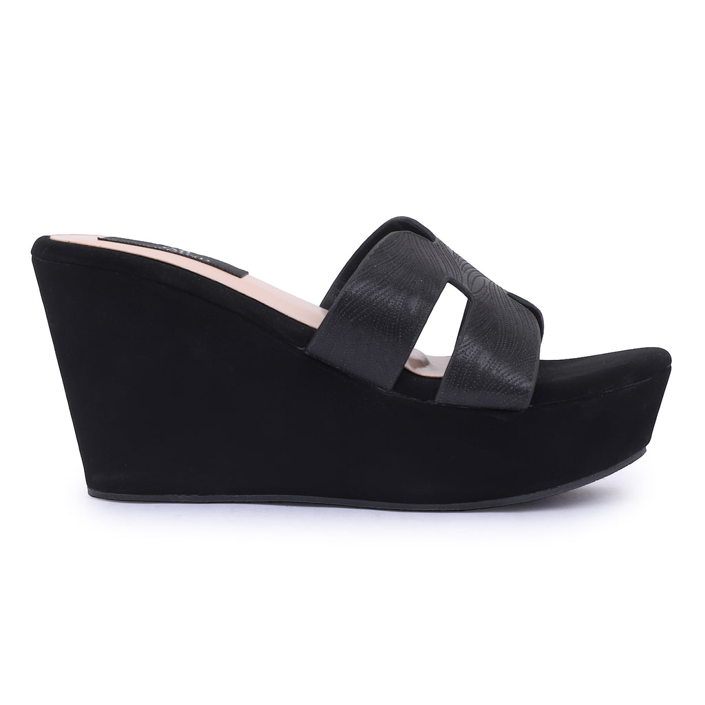 LUXE H CUTOUT PLATFORM WEDGE SLIPPER - BLACK