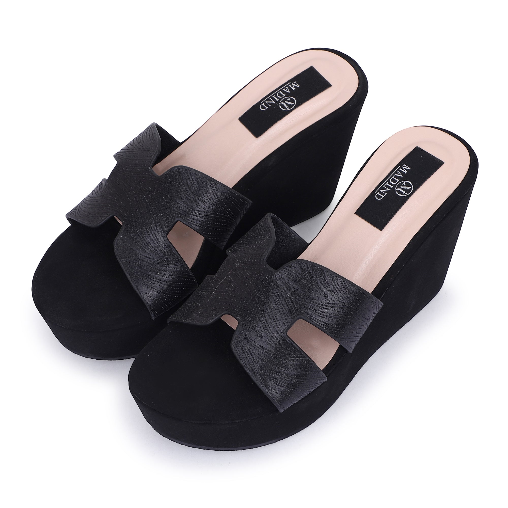 LUXE H CUTOUT PLATFORM WEDGE SLIPPER - BLACK